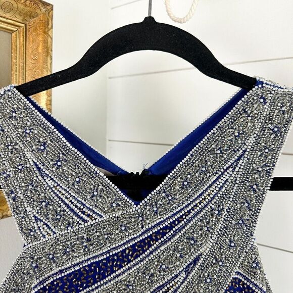 Laurence Kazar Vintage Silk Beaded Evening Gown Size Small Blue - Picture 4 of 10
